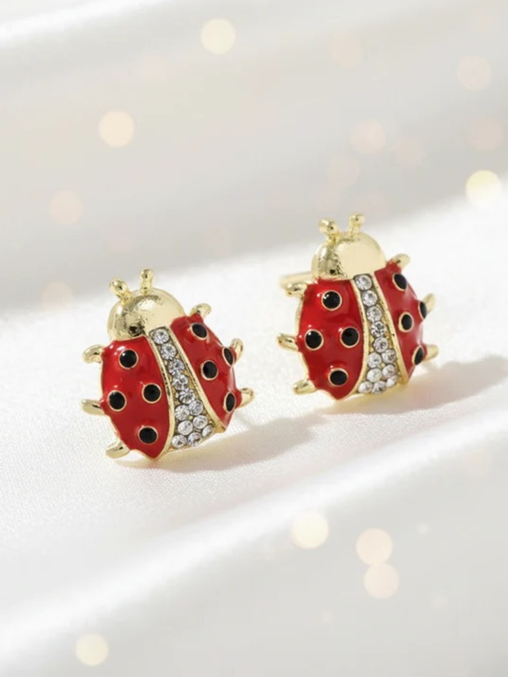 Gold-Tone Red Ladybug Crystal Accent Stud Earrings